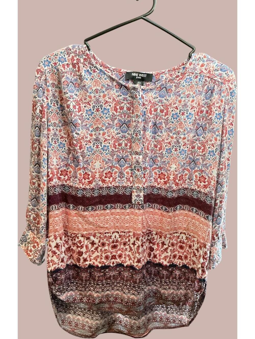 Nine West Jeans Boho Multicolor Floral Top 3/4 Sleeves Med